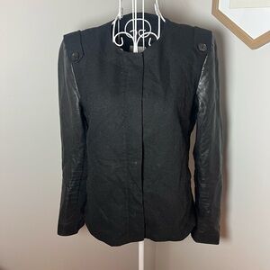 Judith And Charles Black Laine Wool Zip Bomber Jacket Leather Sleeve Size 4